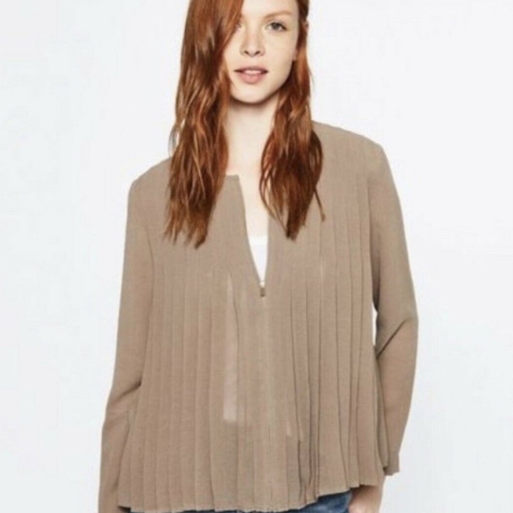 Zara  Pleated Taupe Brown  Front Zipper Polyester  Blouse Size Large